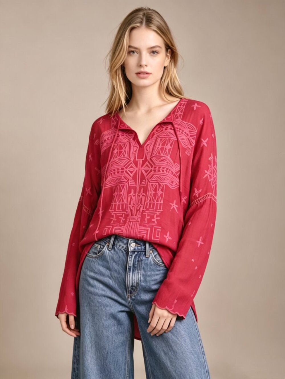 NWOT Johnny Was Floral Embroidered Top Tunic Shirt Blouse Hot Pink Sz S
